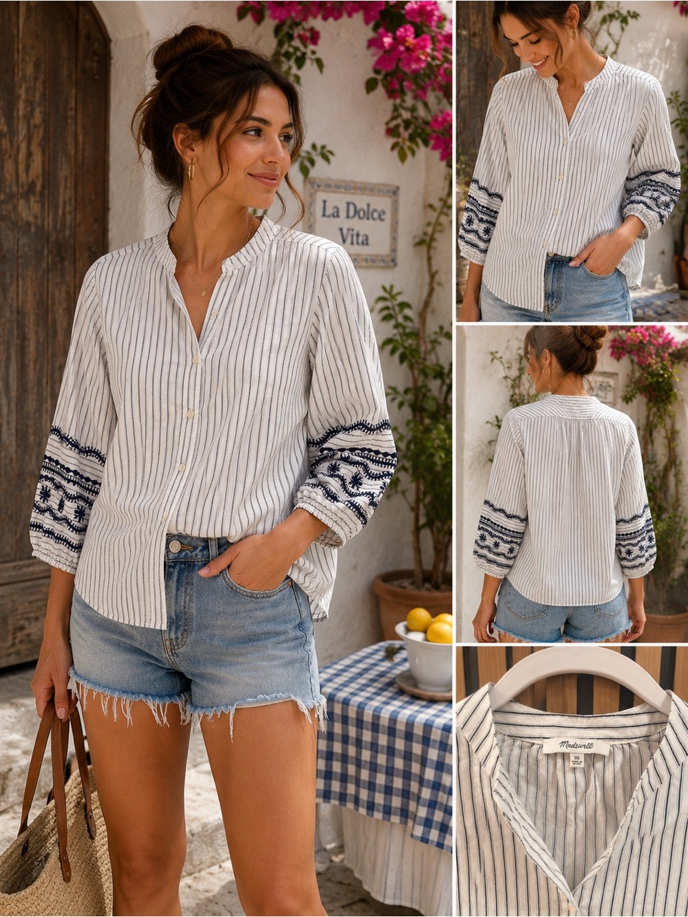Madewell Embroidered Stripe Peasant Blouse XS Coastal Boho Top